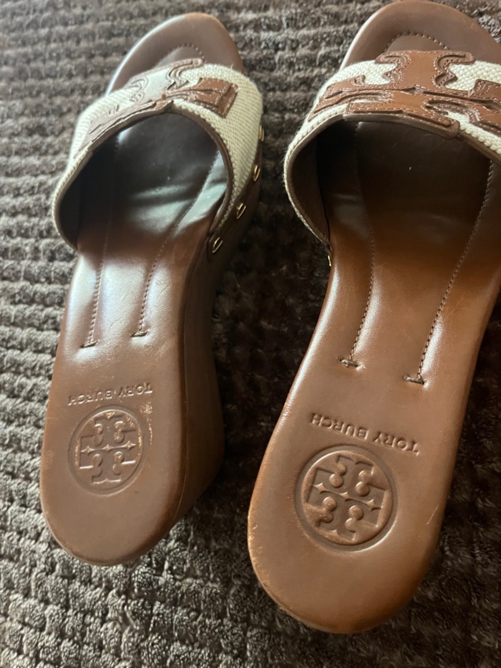 Tory Burch Brown Leather and Cream Canvas Logo Slide Mules - Picture 3 of 12